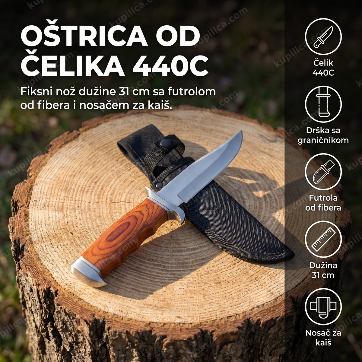 lovački nož sa futrolom od fibera na preseku hrastovog panja