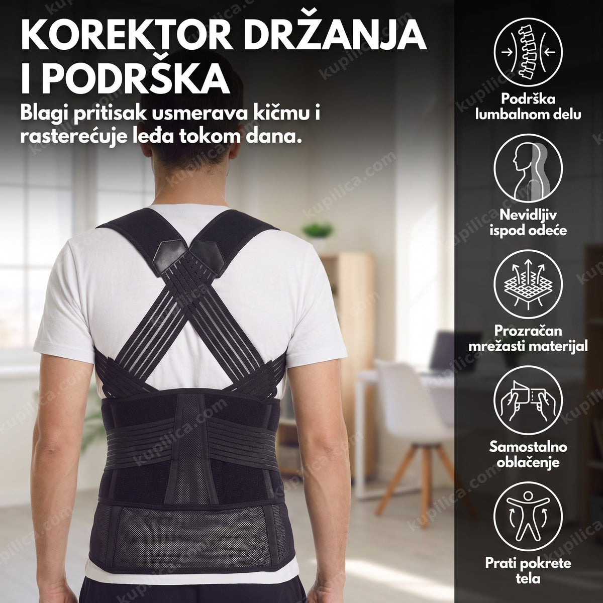 crni lumbra pojas za leđa sa ukrštenim trakama na osobi u kancelariji, benefiti proizvoda