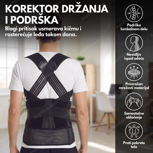 crni lumbra pojas za leđa sa ukrštenim trakama na osobi u kancelariji, benefiti proizvoda