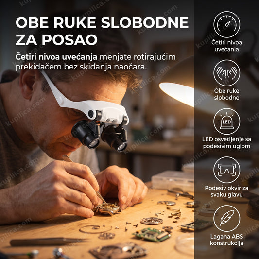 bele lupa naočare sa led svetlom i crnim sočivima na radnom stolu hobiste, benefiti proizvoda