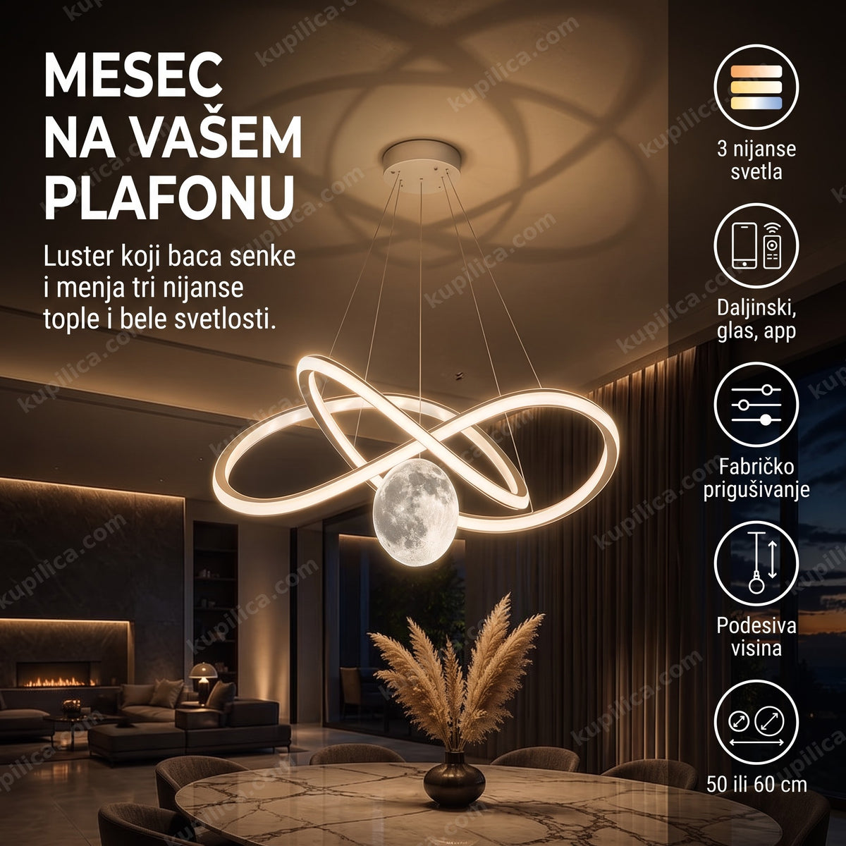 Luster u obliku meseca sa isprepletanim trakama koji baca senke na plafon dnevne sobe