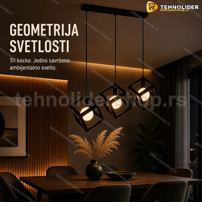 luster sa tri kocke — crna metalna konstrukcija sa mlečnim kuglama