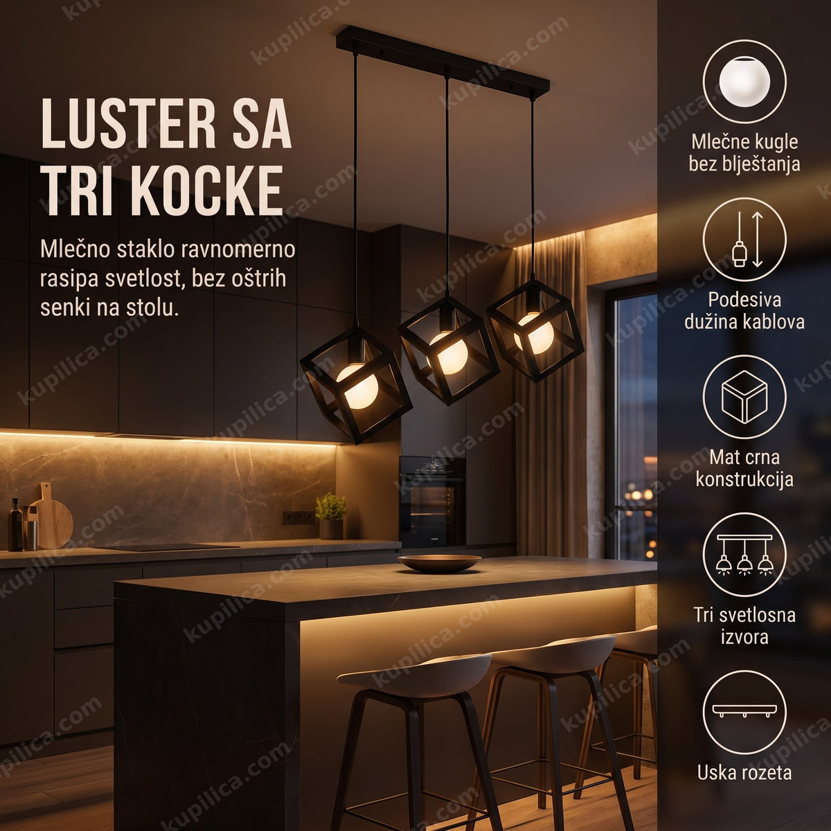 Crni luster sa tri kocke i mlečnim kuglama iznad kuhinjskog ostrva, prikaz benefita