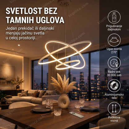 luster sa tri prstena i daljinskim upravljačem iznad trpezarijskog stola, benefiti proizvoda