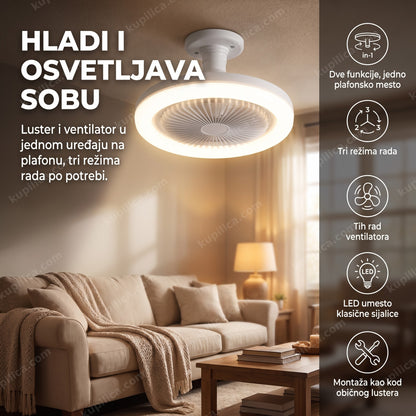 luster ventilator sa led svetlom montiran na plafon dnevne sobe upaljen uveče, benefiti proizvoda