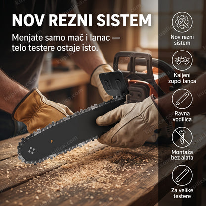 mač i lanac za veliku testeru — montaža novog mača i lanca na motornu testeru u radionici, benefiti proizvoda