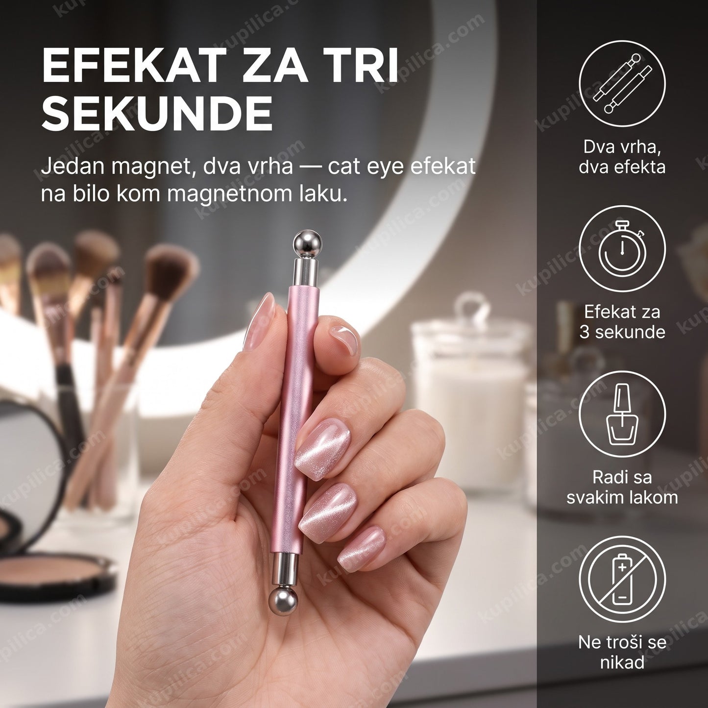 magnet za cat eye nokte — ruka drži dvostrani magnet iznad mokrog laka, efekat za tri sekunde