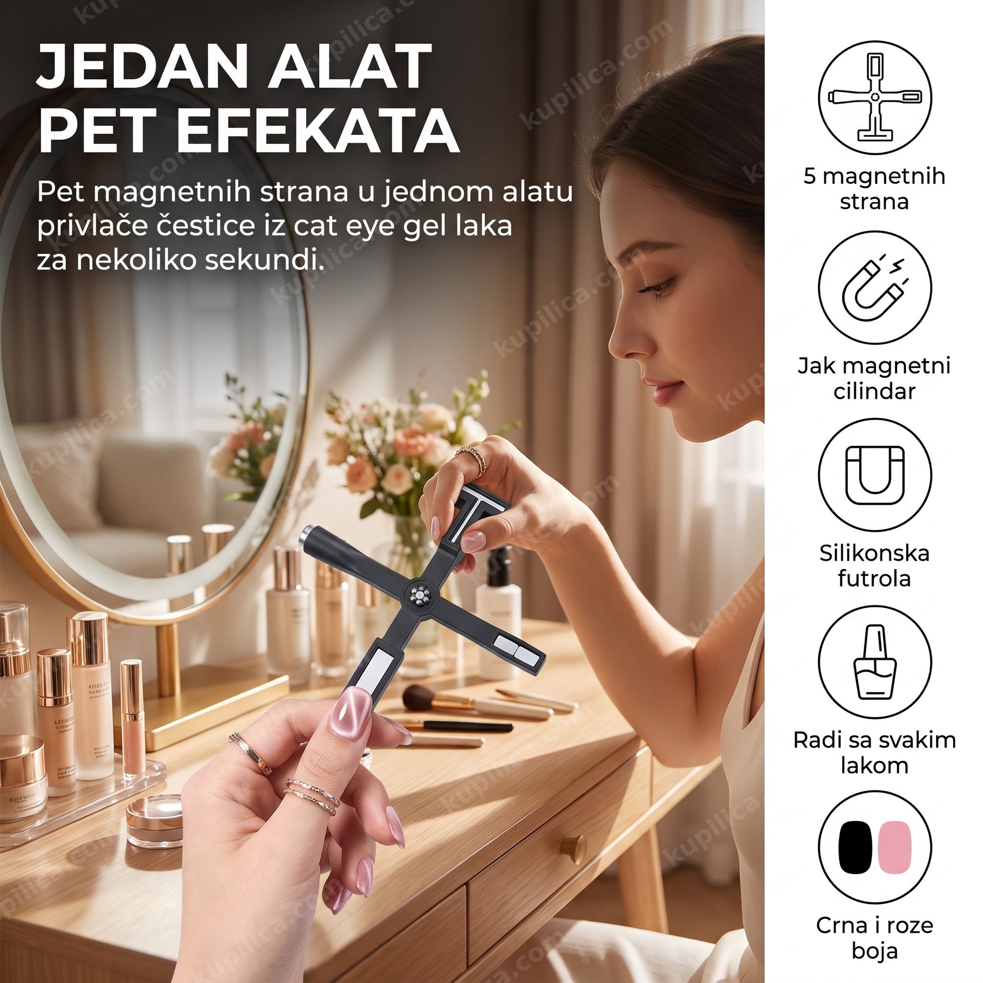 magnet za mačje oko — žena radi cat eye manikir kod kuće, alat sa 5 magnetnih strana, radi sa svakim cat eye gel lakom