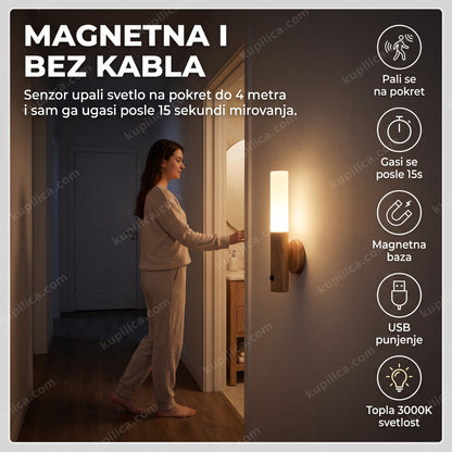 magnetna lampa sa senzorom pokreta — lampa se pali sama u mračnom hodniku, senzor hvata pokret do 4 metra, gasi se posle 15 sekundi