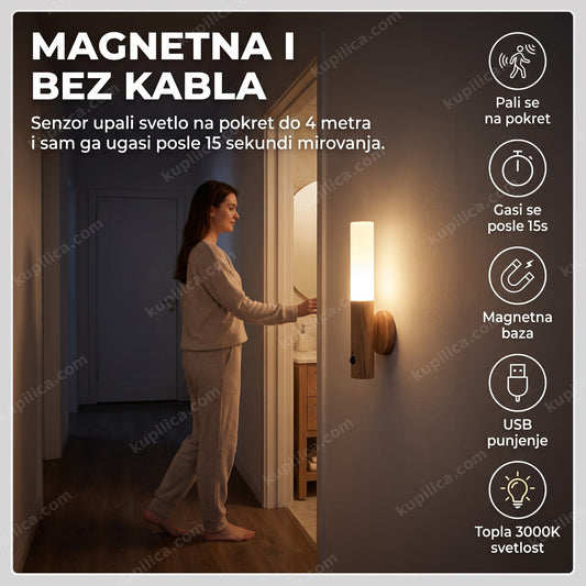 magnetna lampa sa senzorom pokreta — lampa se pali sama u mračnom hodniku, senzor hvata pokret do 4 metra, gasi se posle 15 sekundi