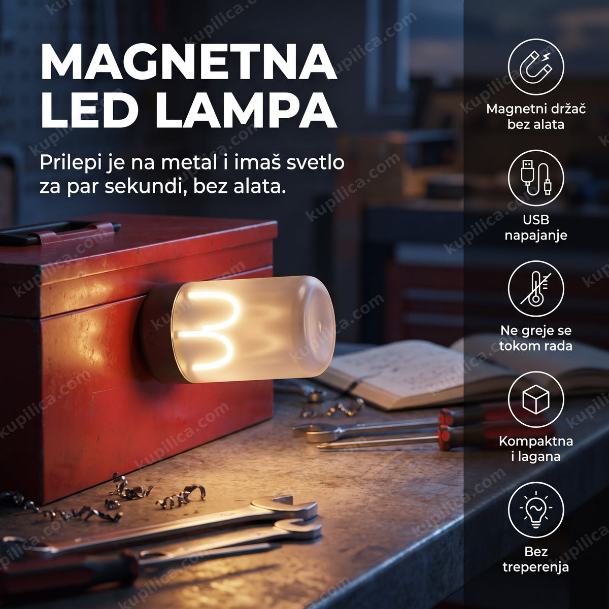 Magnetna LED lampa zakačena na metalnu policu u garaži, benefiti proizvoda