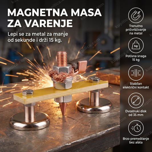 magnetna masa za varenje na metalnom stolu u radionici, diskretne iskre u pozadini, benefiti proizvoda