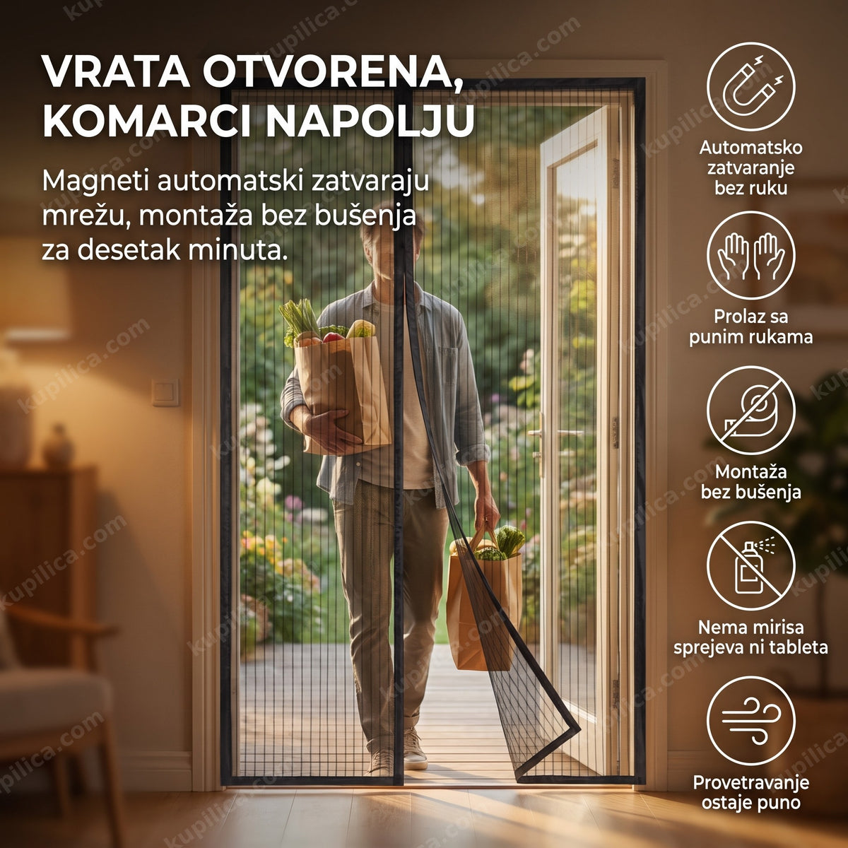 magnetna mreža protiv komaraca na vratima terase kroz koju prolazi osoba, benefiti proizvoda