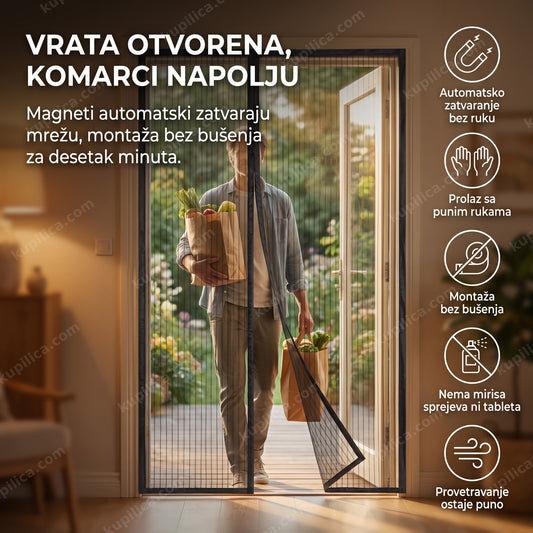 magnetna mreža protiv komaraca na vratima terase kroz koju prolazi osoba, benefiti proizvoda