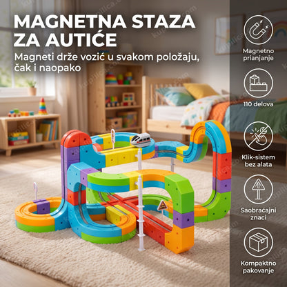 Sastavljena magnetna staza za autiće sa vozićem u dečjoj sobi