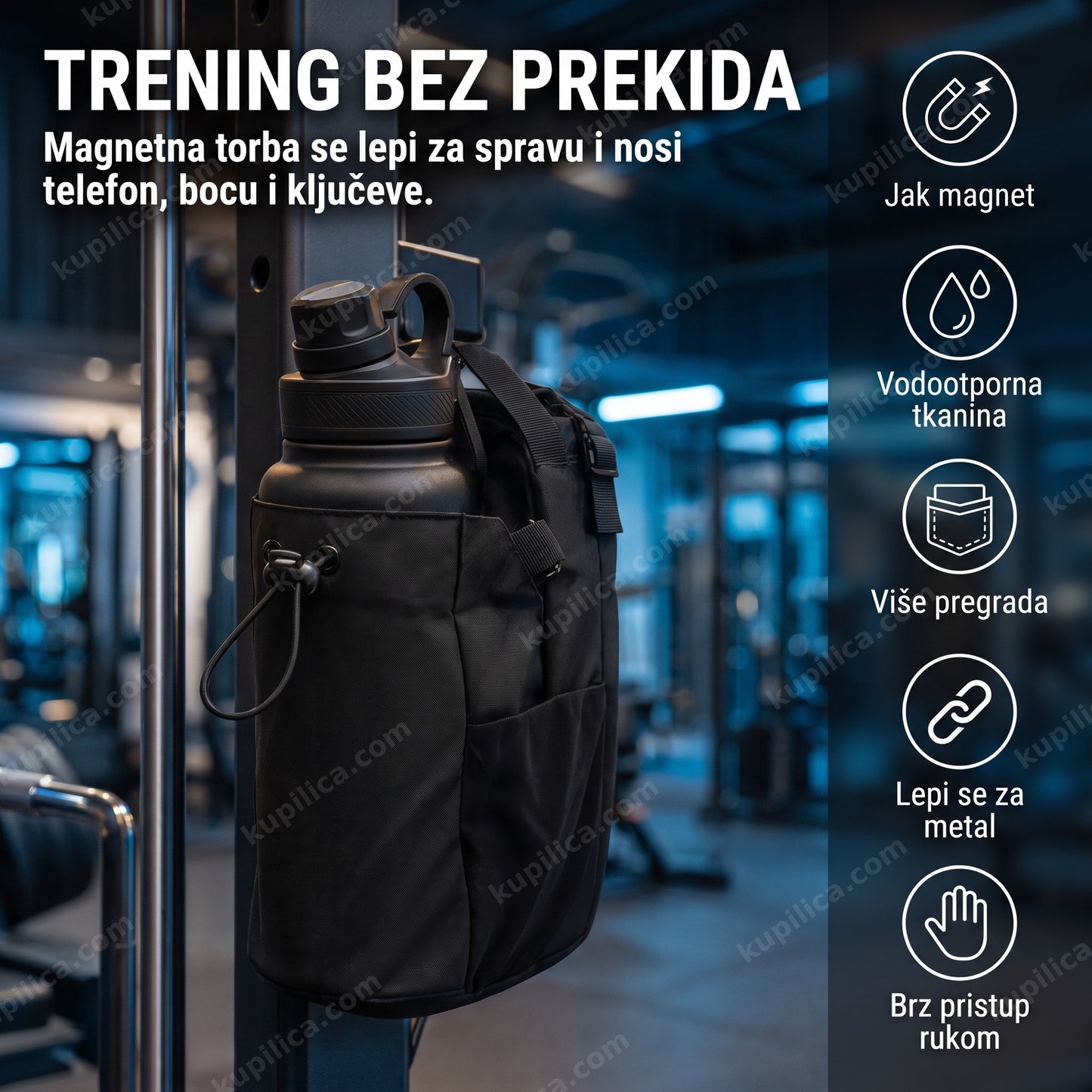 magnetna torba za teretanu zalepljena za metalnu spravu sa bocom vode