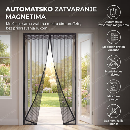 crna magnetna zavesa protiv insekata na vratima terase letnjeg dana, benefiti proizvoda