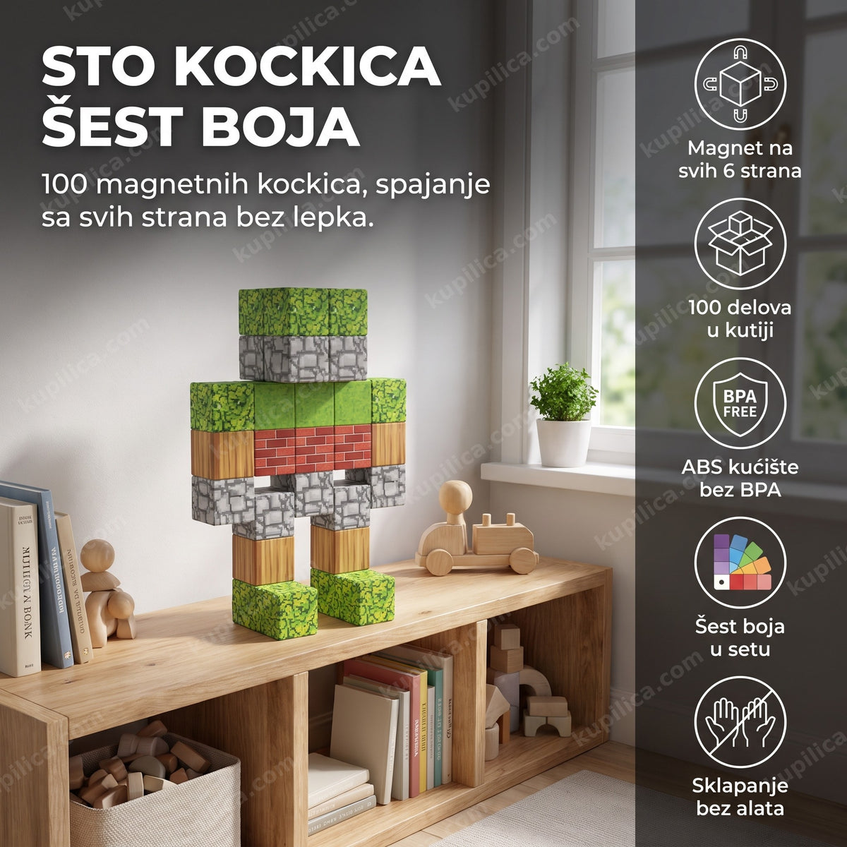 robot figura od magnetnih kocki od 100 delova na polici u dečjoj sobi, benefiti proizvoda