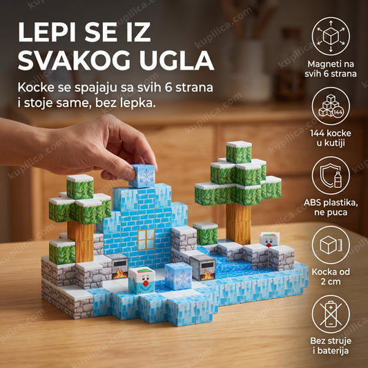 magnetne kocke 144 delova složene u malu građevinu sa prikazom benefita proizvoda