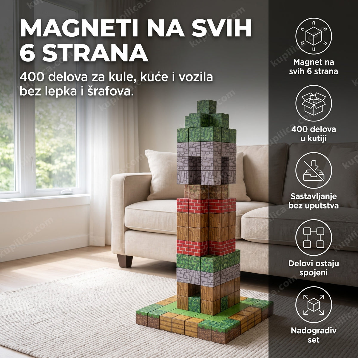 velika šarena kula od magnetnih kocki od 400 delova u dnevnoj sobi, benefiti proizvoda