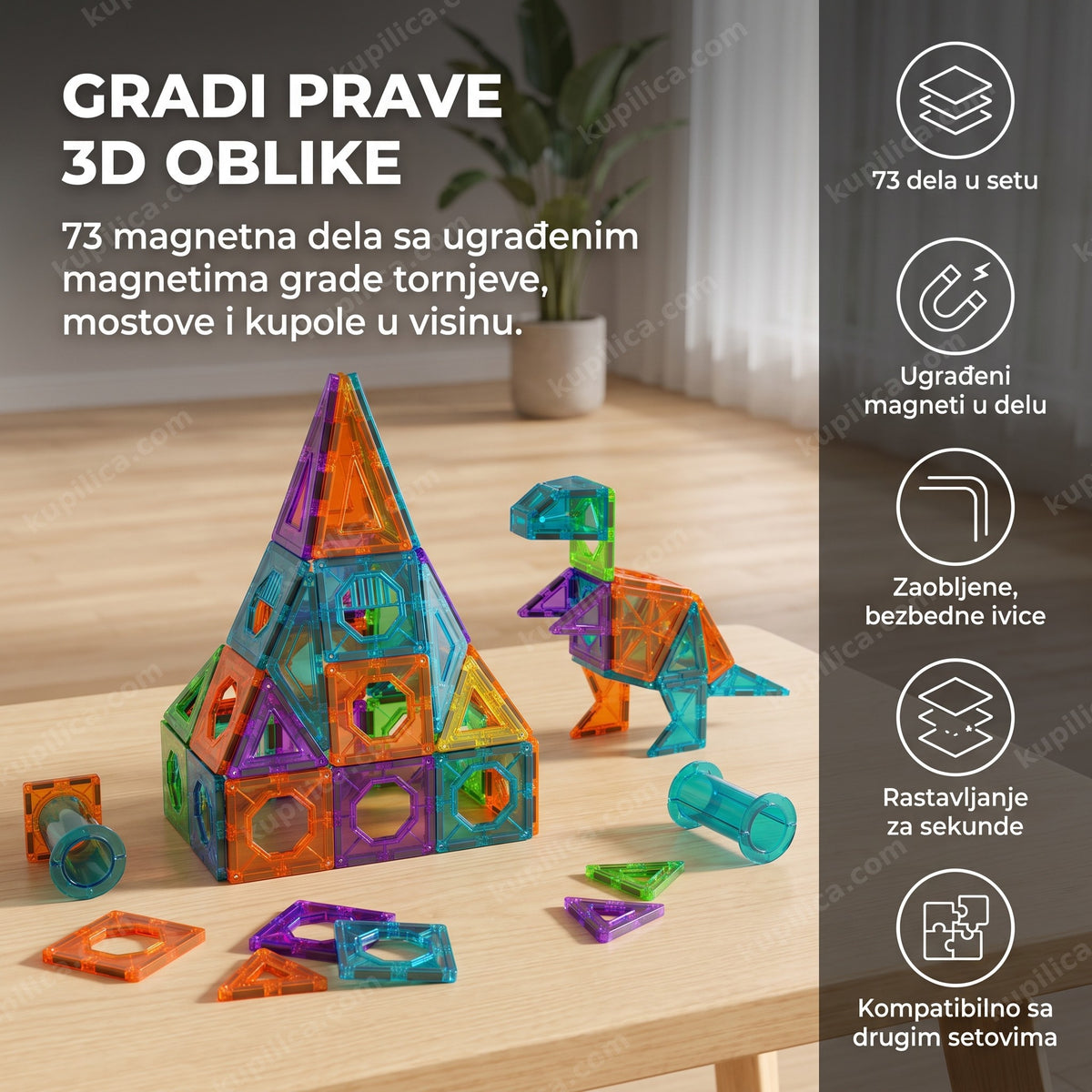 Magnetna 3D konstrukcija piramide od kocki sa 73 delova na stolu, benefiti proizvoda