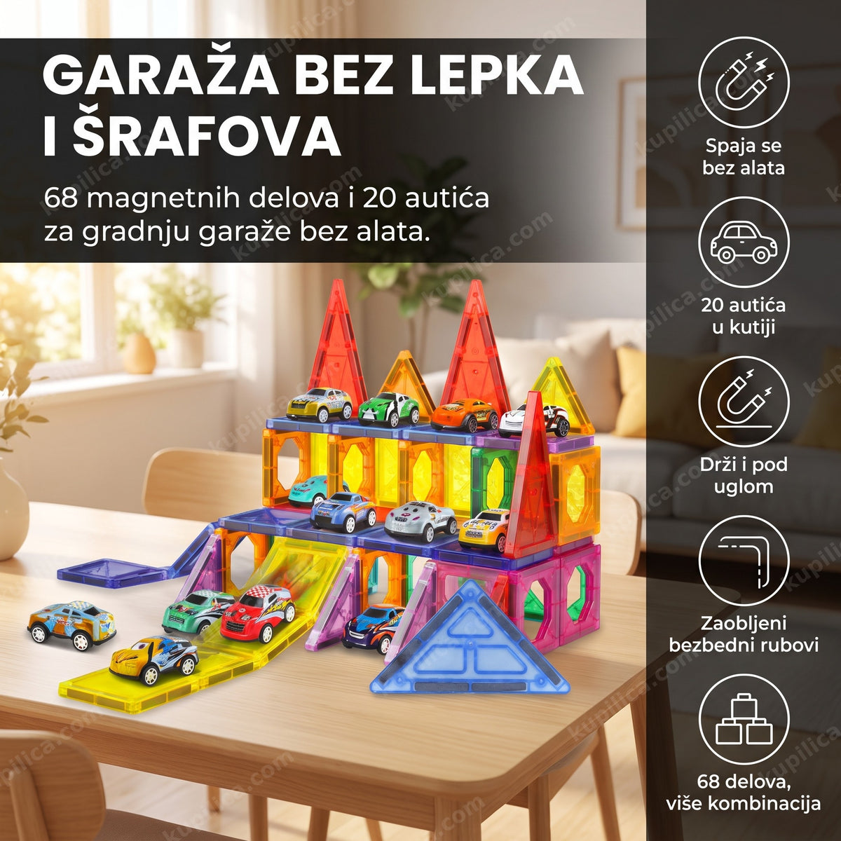 sastavljena garaža od magnetnih kocki sa autićima na stolu, benefiti proizvoda
