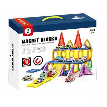 kutija Magnet Blocks sa 68 delova i prikazom sagrađene garaže