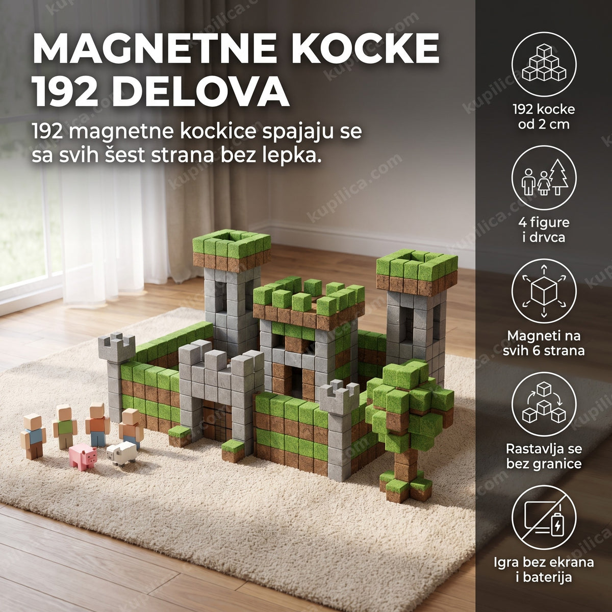 magnetne kocke sa figuricama sastavljene u zamak na podu, benefiti proizvoda