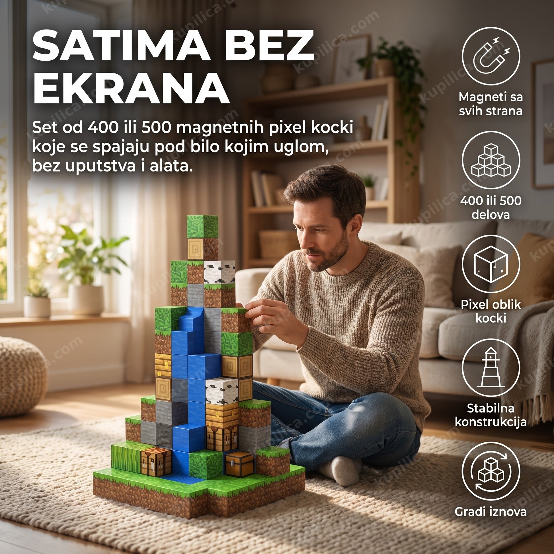 magnetne pixel kocke — roditelj gradi pixel toranj na tepihu u dnevnoj sobi, magneti sa svih strana, set od 400 ili 500 delova