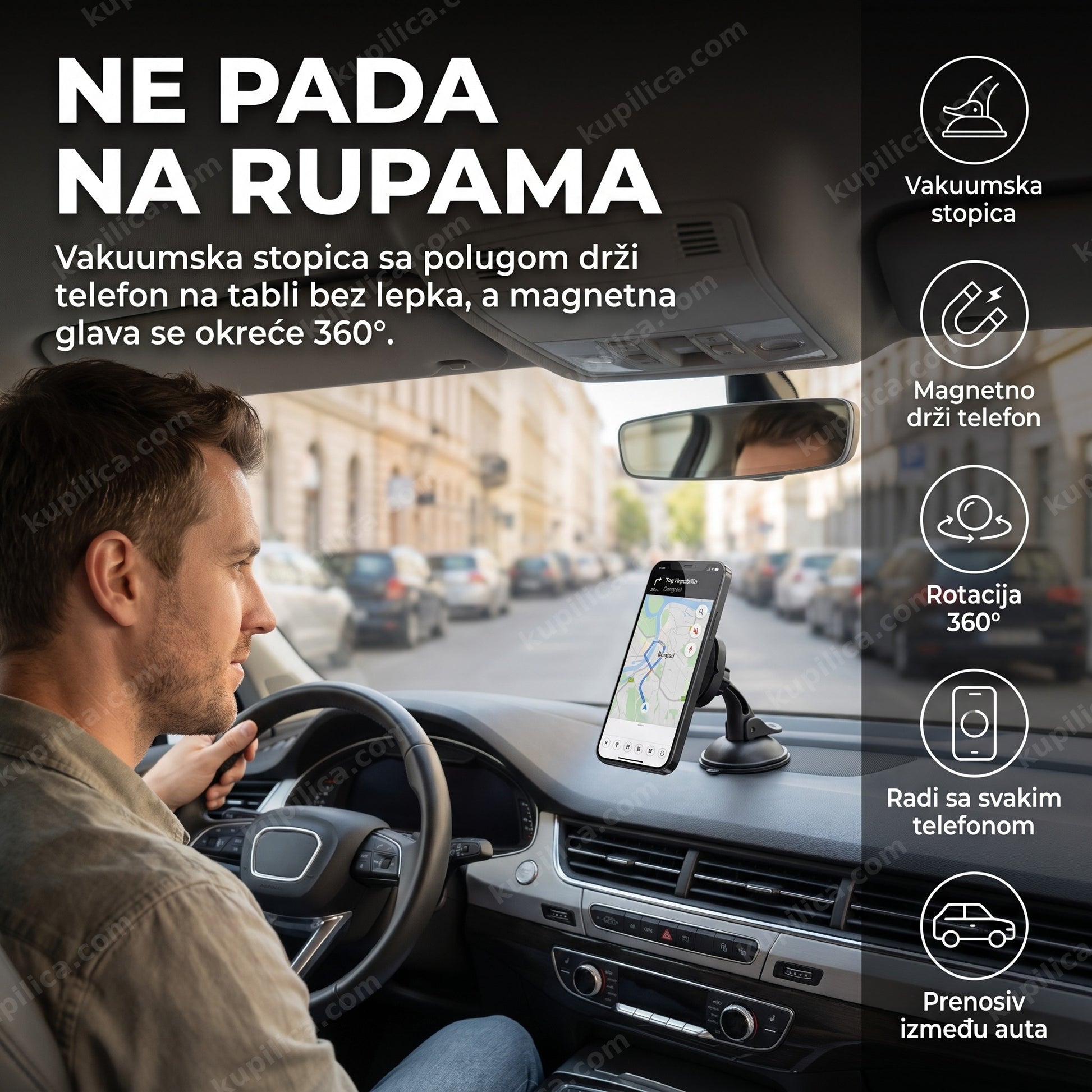 magnetni držač telefona za auto — vozač gleda telefon na magnetnom držaču na tabli, vakuumska stopica sa polugom, rotacija 360 stepeni