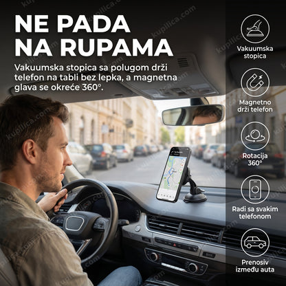 magnetni držač telefona za auto — vozač gleda telefon na magnetnom držaču na tabli, vakuumska stopica sa polugom, rotacija 360 stepeni