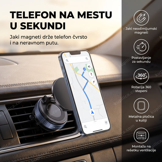 magnetni držač telefona za auto montiran na ventilaciju sa telefonom koji prikazuje mapu, benefiti proizvoda
