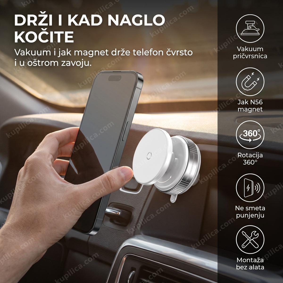 magnetni vakuum držač za telefon montiran na tabli automobila, benefiti proizvoda