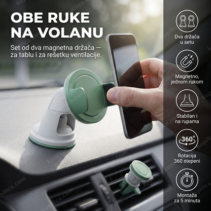 magnetni držač za telefon za auto — dva držača za tablu i ventilaciju, rotacija 360 stepeni