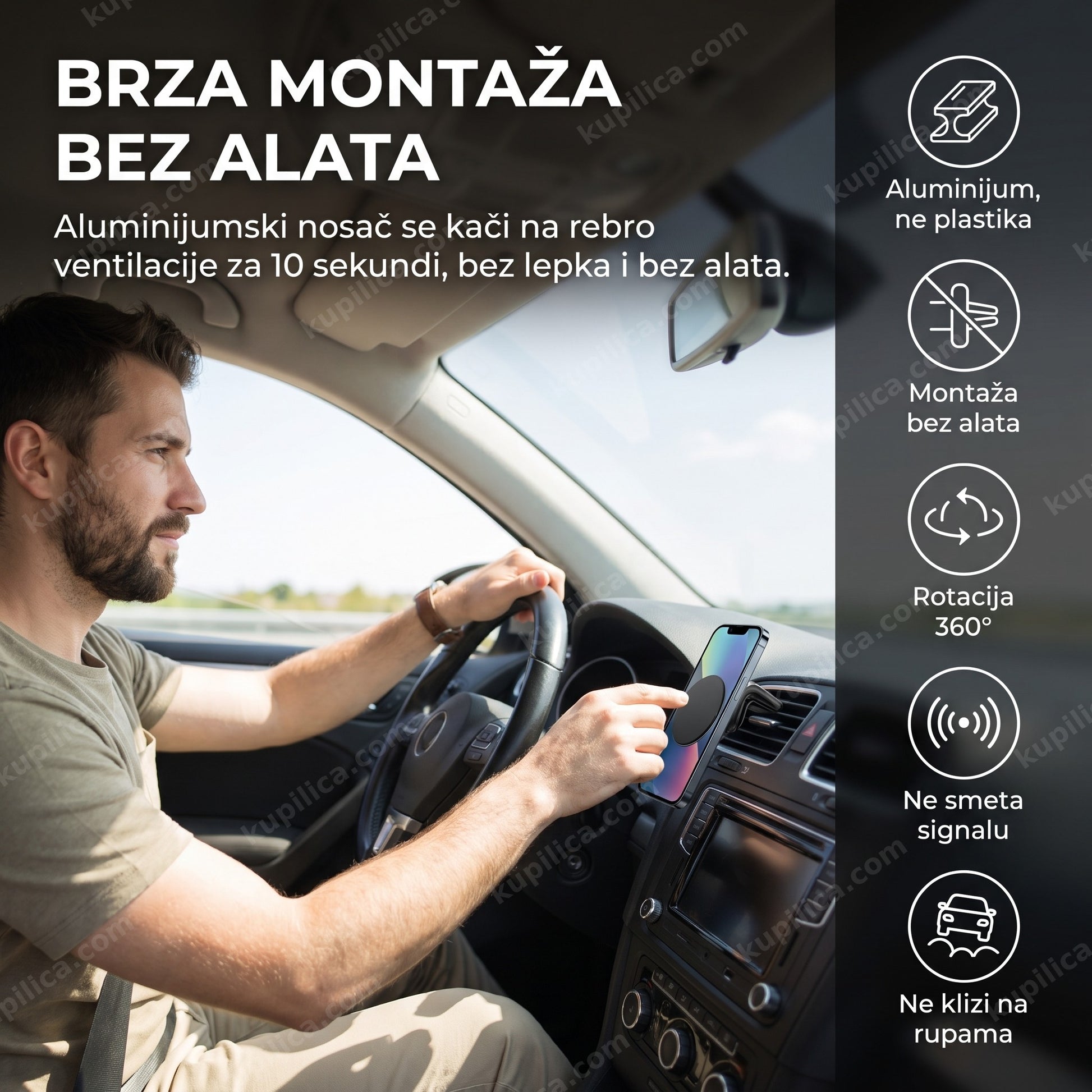 magnetni držač za telefon za ventilaciju — vozač koristi telefon na aluminijumskom držaču kačenom za ventilaciju, montaža bez alata za 10 sekundi