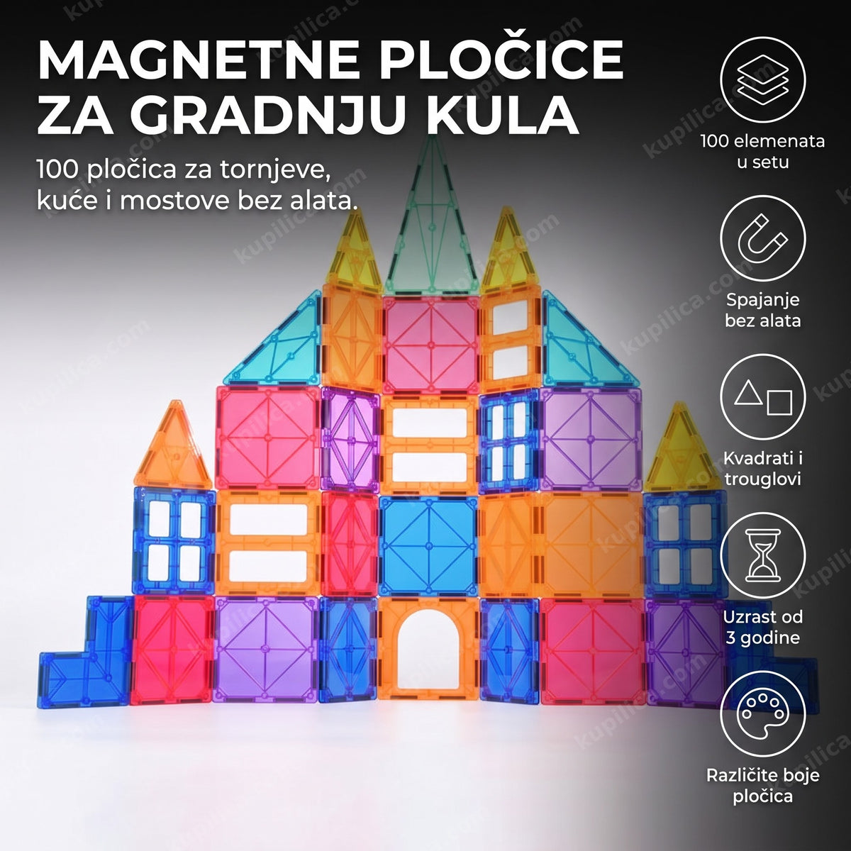 magnetni građevinski set od providnih pločica u obliku kule na beloj podlozi