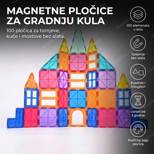 magnetni građevinski set od providnih pločica u obliku kule na beloj podlozi