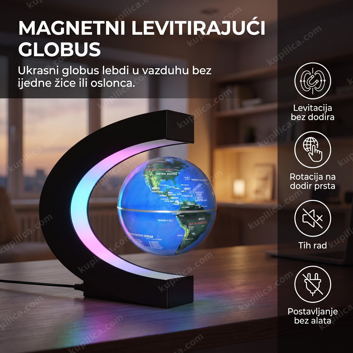 Magnetni globus levitira iznad baze sa LED prstenom na radnom stolu, benefiti proizvoda