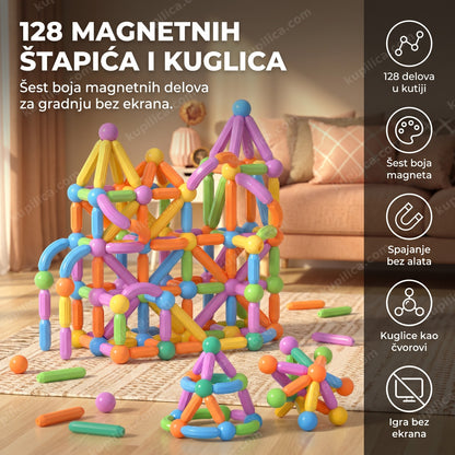magnetni set štapića i kuglica složen u geometrijsku konstrukciju na podu
