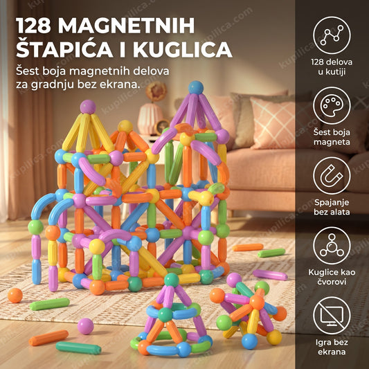 magnetni set štapića i kuglica složen u geometrijsku konstrukciju na podu