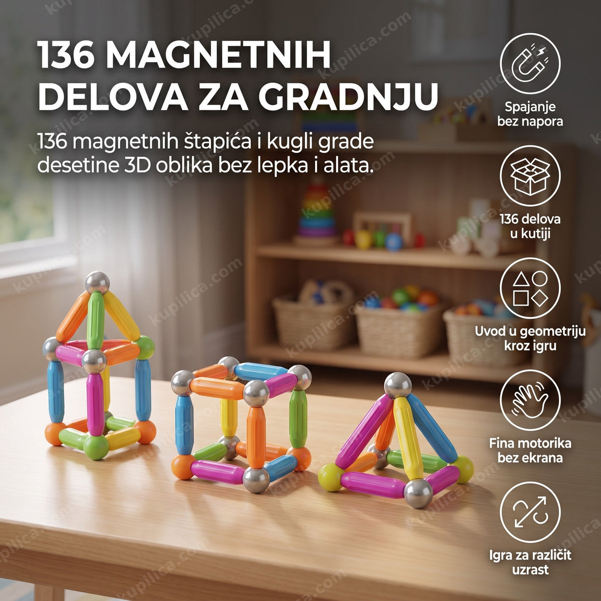 Sastavljene geometrijske konstrukcije od magnetnog seta za decu na drvenom stolu