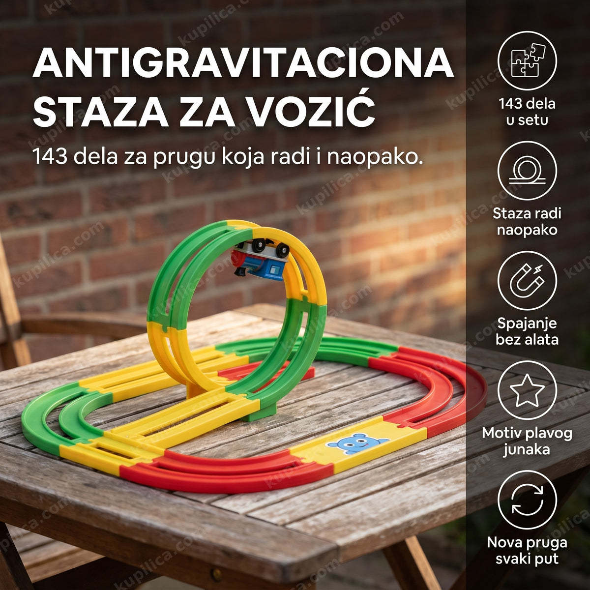magnetni voz na antigravitacionoj stazi sa generičkim plavim crtanim likom