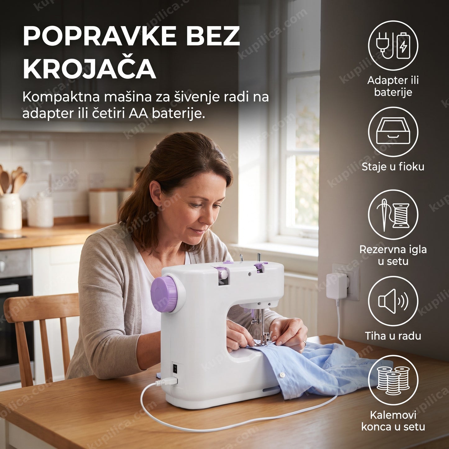 Mini mašina za šivenje SM-302 — odrasla osoba šije dugme na košulji za kuhinjskim stolom, kompaktna mašina na baterije
