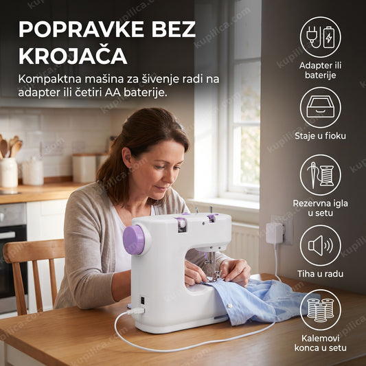 Mini mašina za šivenje SM-302 — odrasla osoba šije dugme na košulji za kuhinjskim stolom, kompaktna mašina na baterije