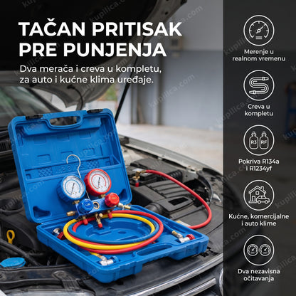 manometri za klimu sa crevima priključeni na automobil u garaži, benefiti proizvoda
