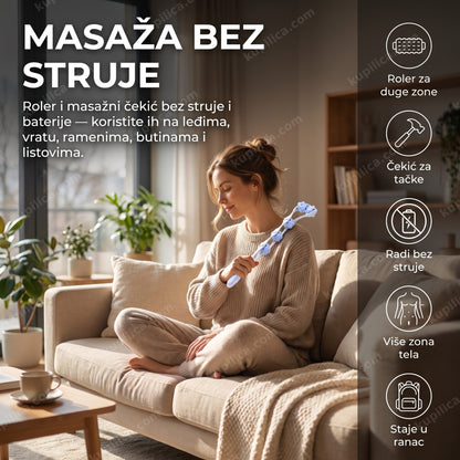 manualni masažer za leđa i ramena — žena masira rame rolerom i čekićem kod kuće, radi bez struje i baterije, roler i masažni čekić u jednom alatu