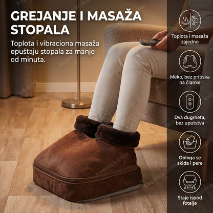 masažer i grejač za noge 2u1 na stopalima pored fotelje uveče, benefiti proizvoda