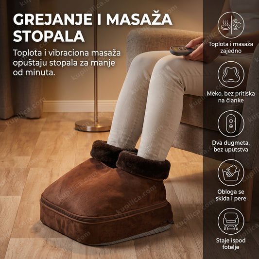 masažer i grejač za noge 2u1 na stopalima pored fotelje uveče, benefiti proizvoda