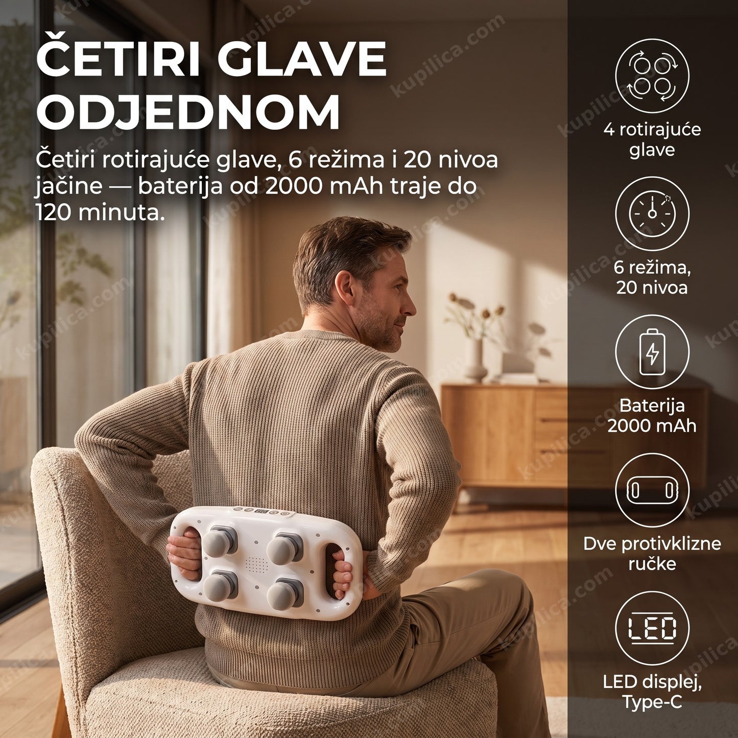 masažer sa 4 glave — muškarac masira donji deo leđa uređajem sa četiri rotirajuće glave, 6 režima i 20 nivoa jačine, baterija 2000 mAh