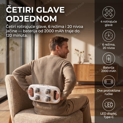 masažer sa 4 glave — muškarac masira donji deo leđa uređajem sa četiri rotirajuće glave, 6 režima i 20 nivoa jačine, baterija 2000 mAh